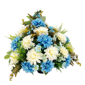 Athena Large Blue White Dahlia Artificial Flower Graveside Cemetery Memorial Arrangement