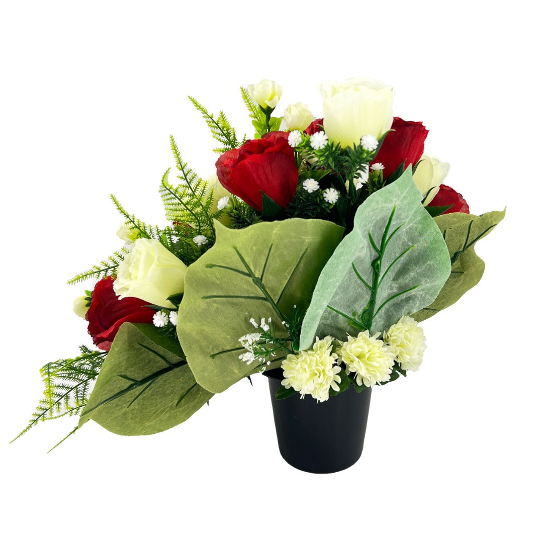Ember Red and White Rose Bud Artificial Flower Graveside Cemetery Memorial Arrangement