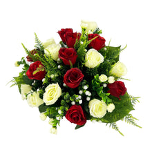 Load image into Gallery viewer, Ember Red and White Rose Bud Artificial Flower Graveside Cemetery Memorial Arrangement