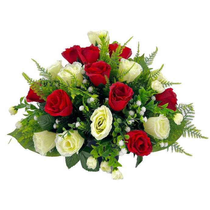 Ember Red and White Rose Bud Artificial Flower Graveside Cemetery Memorial Arrangement
