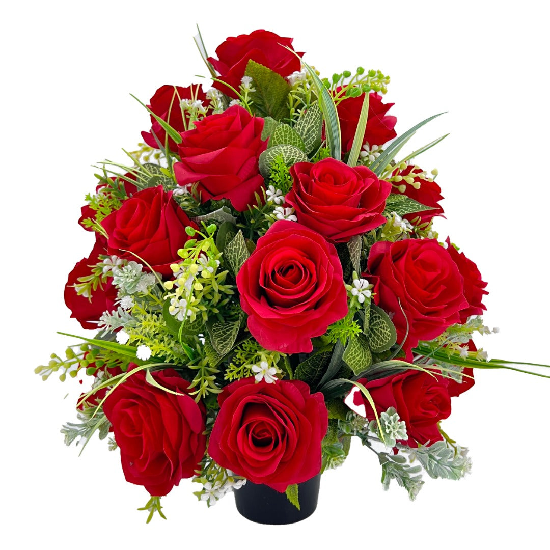 Sienna Red Roses Large Artificial Flower Graveside Cemetery Memorial Arrangement Pot