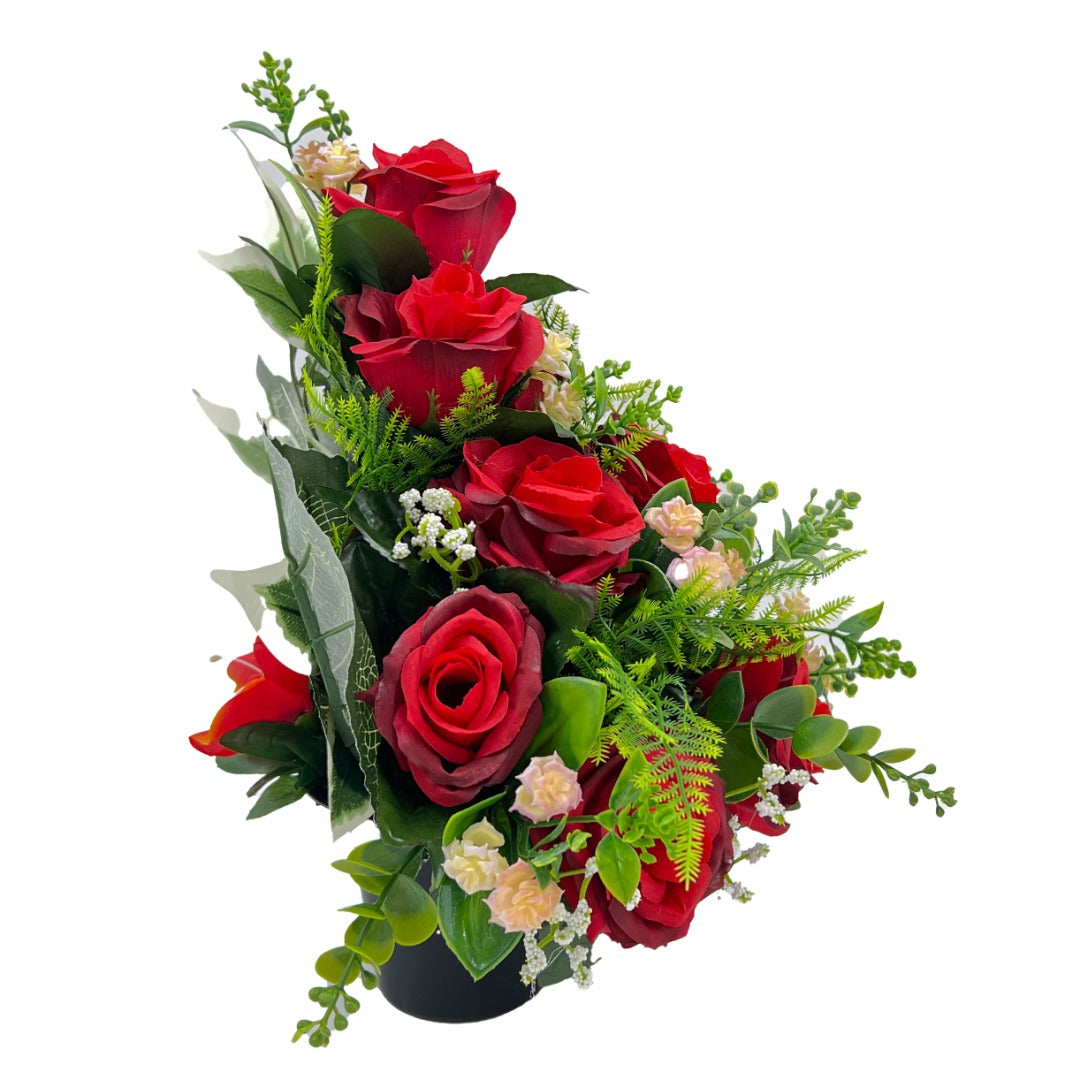Aderyn Red Rose Artificial Grave Flower Cemetery Memorial Arrangement Pot