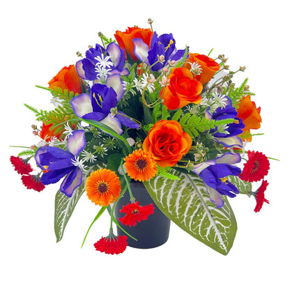 Iris Orange Purple Rose Bud Artificial Flower Graveside Memorial Arrangement Pot