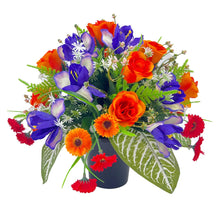 Load image into Gallery viewer, Iris Orange Purple Rose Bud Artificial Flower Graveside Memorial Arrangement Pot