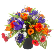 Load image into Gallery viewer, Iris Orange Purple Rose Bud Artificial Flower Graveside Memorial Arrangement Pot