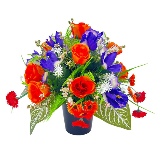 Iris Orange & Purple Rose Bud Graveside Memorial Pot Arrangement