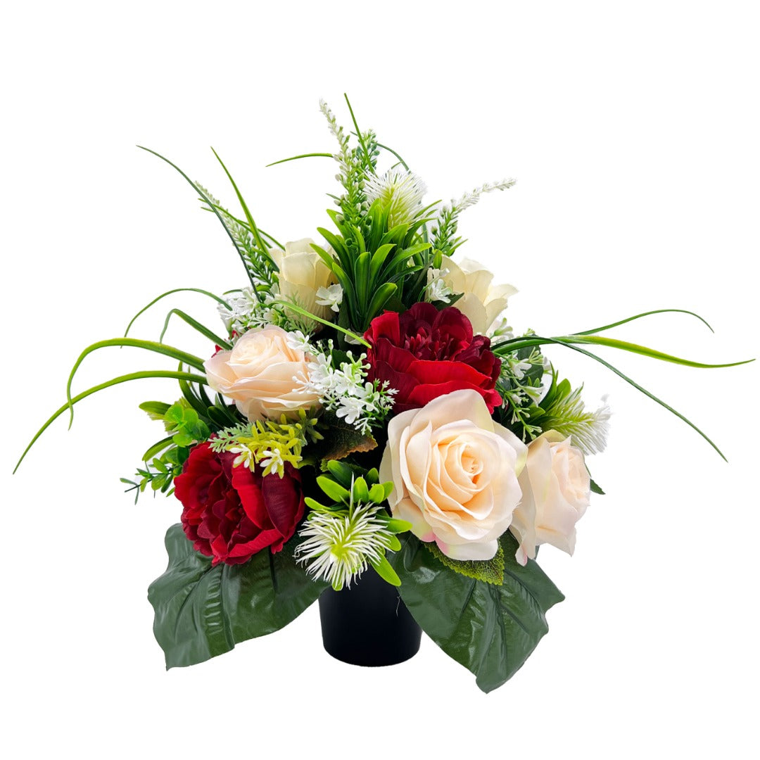 Luna Red Peony Peach Rose Bud Artificial Flower Graveside Memorial Arrangement Pot