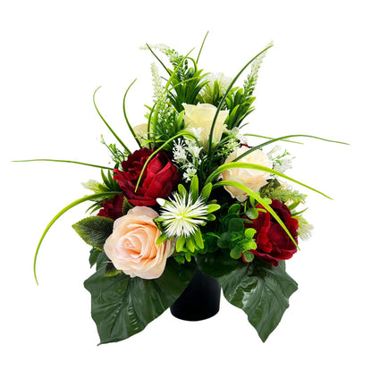 Luna Red Peony Peach Rose Bud Artificial Flower Graveside Memorial Arrangement Pot