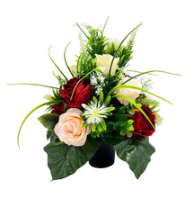 Load image into Gallery viewer, Luna Red Peony Peach Rose Bud Artificial Flower Graveside Memorial Arrangement Pot