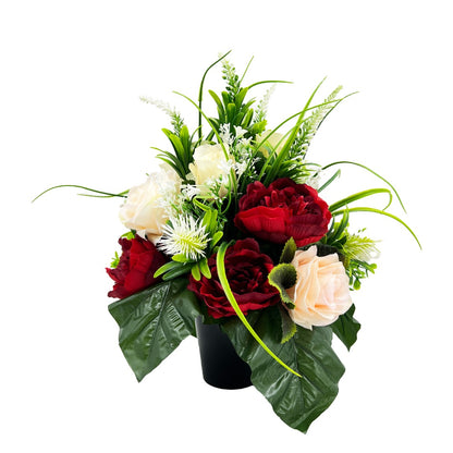 Luna Red Peony Peach Rose Bud Artificial Flower Graveside Memorial Arrangement Pot