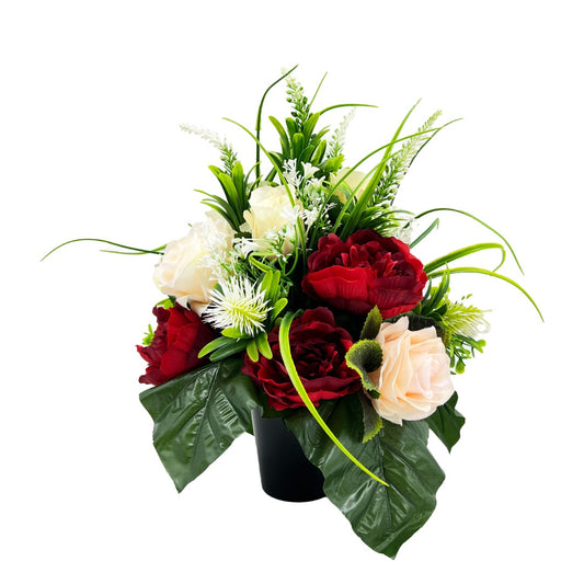 Luna Red Peony Peach Rose Bud Graveside Memorial Pot Arrangement