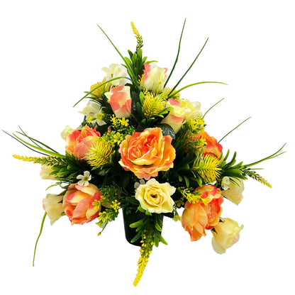 Selena Peach Orange Peony Artificial Flower Graveside Cemetery Memorial Arrangement
