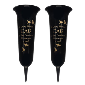 Set of 2 Loving Memory Dad Dove Black and Gold Fluted Spiked Memorial Grave Flower Vases