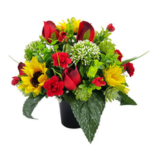 Load image into Gallery viewer, Scarlett Yellow Sunflower Red Rose Bud Artificial Flower Graveside Cemetery Memorial Arrangement