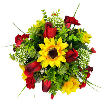 Scarlett Yellow Sunflower Red Rose Bud Artificial Flower Graveside Cemetery Memorial Arrangement