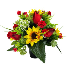 Load image into Gallery viewer, Scarlett Yellow Sunflower Red Rose Bud Artificial Flower Graveside Cemetery Memorial Arrangement