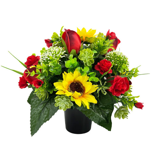Scarlett Yellow Sunflower Red Rose Bud Artificial Flower Graveside Cemetery Memorial Arrangement