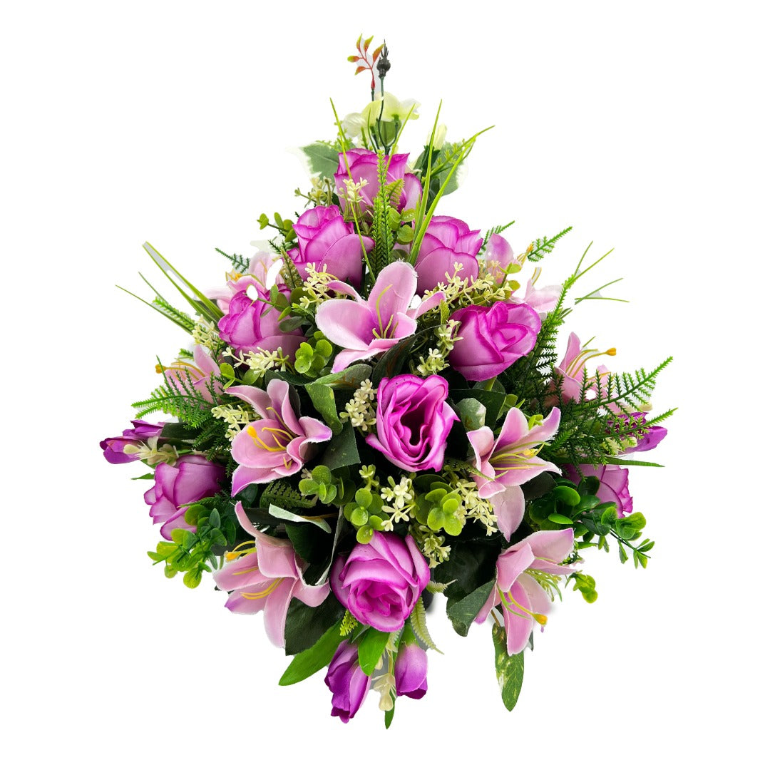 Allie Pink Purple Rose Lily Artificial Flower Graveside Cemetery Memorial Arrangement Flat Back