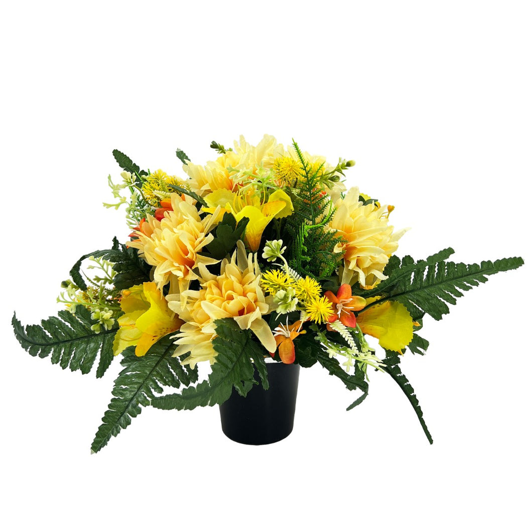 Nyla Yellow Chrysanthemum Graveside Pot Cemetery Memorial Artificial Flower Arrangement