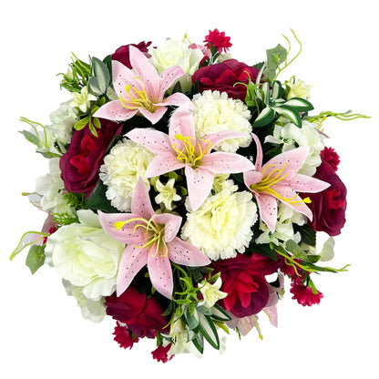 Ruby Pink White Lily Rose Graveside Pot Cemetery Memorial Artificial Flower Arrangement