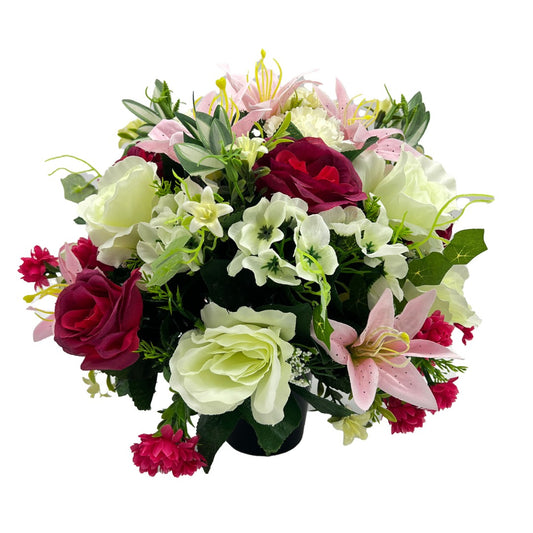 Ruby Pink White Lily Rose Graveside Pot Cemetery Memorial Artificial Flower Arrangement