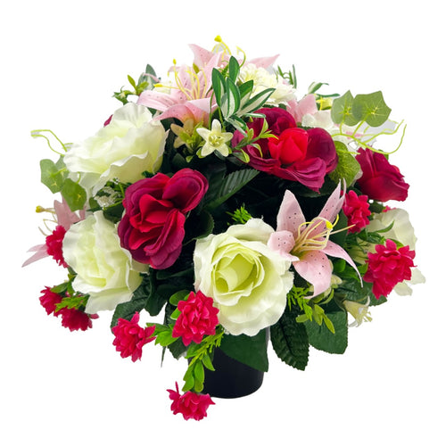 Ruby Pink White Lily Rose Graveside Pot Cemetery Memorial Artificial Flower Arrangement