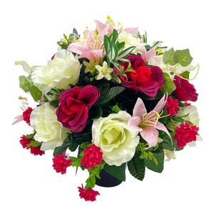 Ruby Pink White Lily Rose Graveside Pot Cemetery Memorial Artificial Flower Arrangement