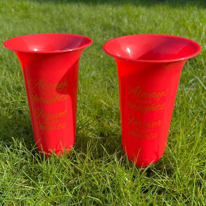 Set of 2 Football Red Forever in Our Hearts Fluted Spiked Memorial Grave Flower Vases