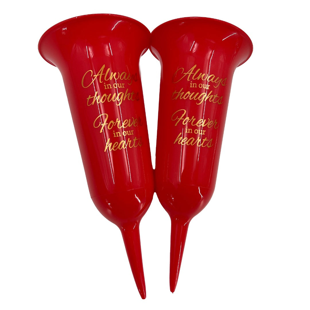 Set of 2 Football Red Forever in Our Hearts Fluted Spiked Memorial Grave Flower Vases