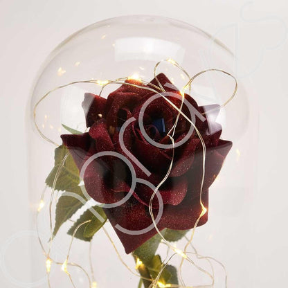 Handmade Magical Red Enchanted Rose in Glass Dome Bell Jar with Pretty LED Lights - Angraves Memorials