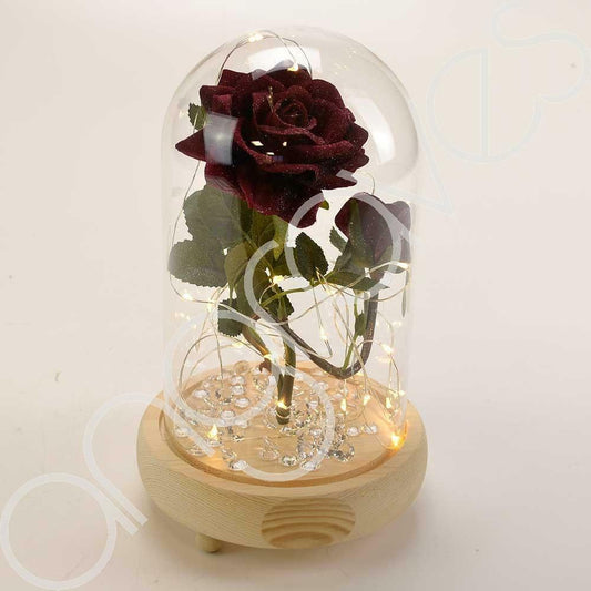 Bella Red Handmade Enchanted Rose & Rosebud with Glass Dome Bell Jar and LED Lights (23cm) - Angraves Memorials
