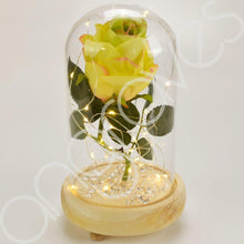 Load image into Gallery viewer, Mixed Lemon &amp; Lime Handmade Enchanted Rose in Glass Dome Bell Jar with LED Light - Angraves Memorials