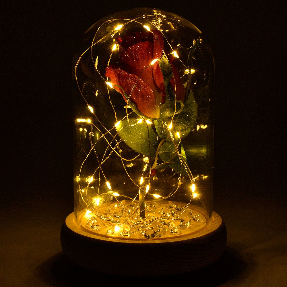 Glistening Cerise Handmade Enchanted Rose in Glass Dome Bell Jar with LED Lights - Angraves Memorials