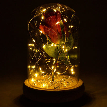 Glistening Cerise Handmade Enchanted Rose in Glass Dome Bell Jar with LED Lights - Angraves Memorials