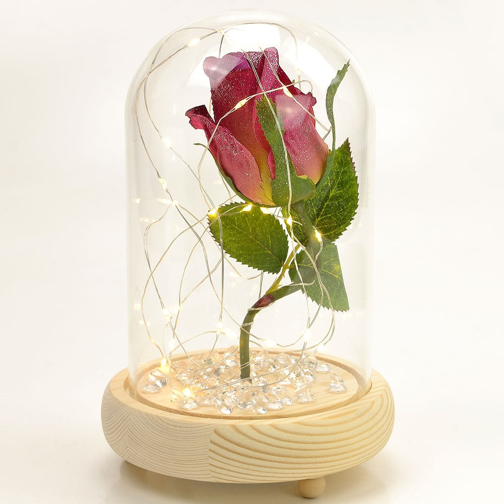 Glistening Cerise Handmade Enchanted Rose in Glass Dome Bell Jar with LED Lights - Angraves Memorials