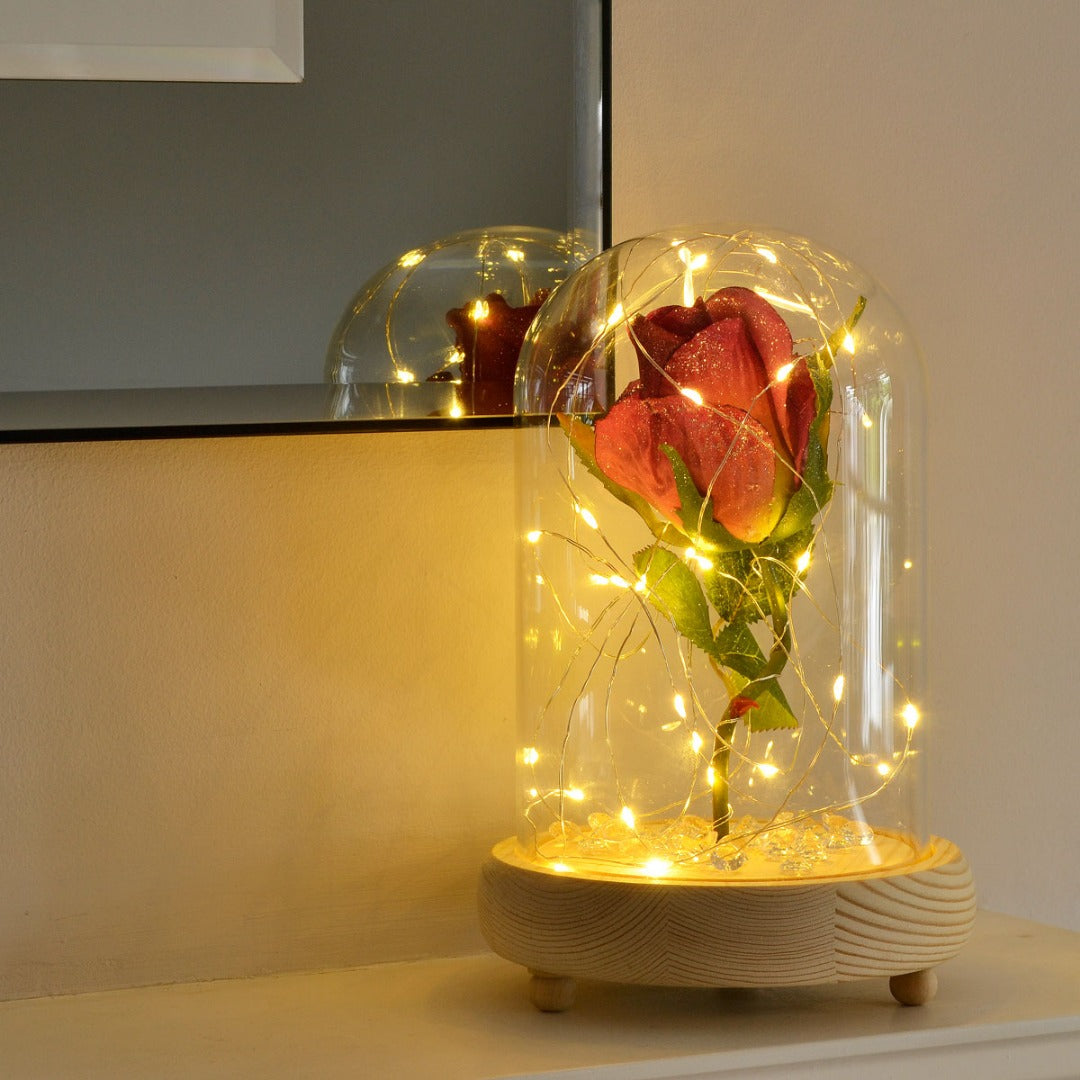 Glistening Cerise Handmade Enchanted Rose in Glass Dome Bell Jar with LED Lights - Angraves Memorials