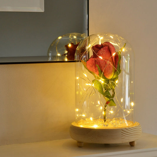 Glistening Cerise Handmade Enchanted Rose in Glass Dome Bell Jar with LED Lights - Angraves Memorials