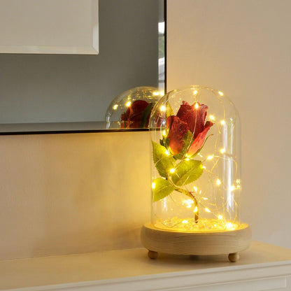 Glistening Cerise Handmade Enchanted Rose in Glass Dome Bell Jar with LED Lights - Angraves Memorials
