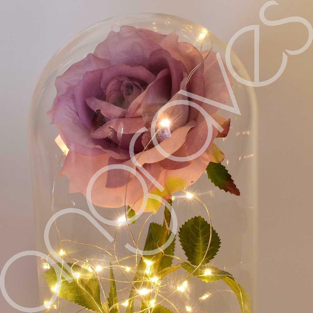 Extra Large Fairy Tale Enchanted Lavender Rose in Glass Dome Bell Jar Cloche with Magical Glow Lights (Perfect for Wedding Displays) - Angraves Memorials