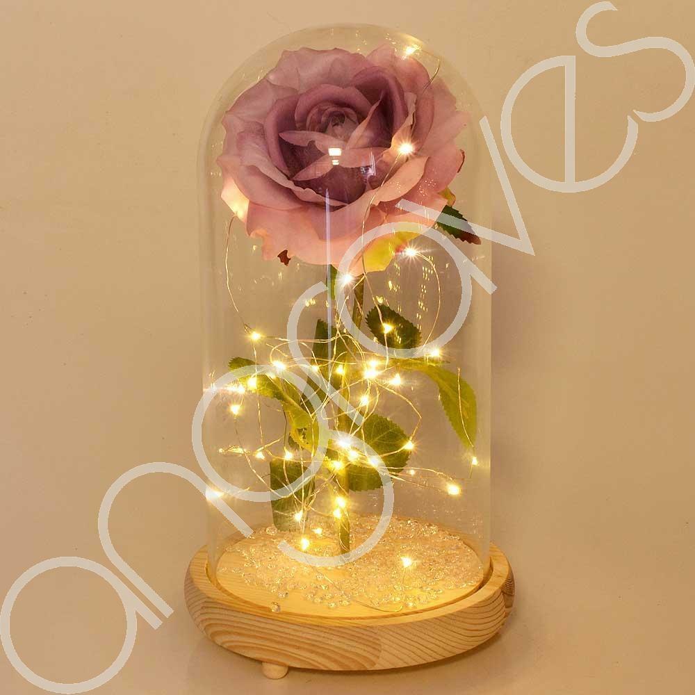 Extra Large Fairy Tale Enchanted Lavender Rose in Glass Dome Bell Jar Cloche with Magical Glow Lights (Perfect for Wedding Displays) - Angraves Memorials
