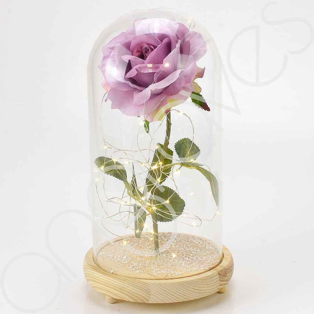 Extra Large Fairy Tale Enchanted Lavender Rose in Glass Dome Bell Jar Cloche with Magical Glow Lights (Perfect for Wedding Displays) - Angraves Memorials