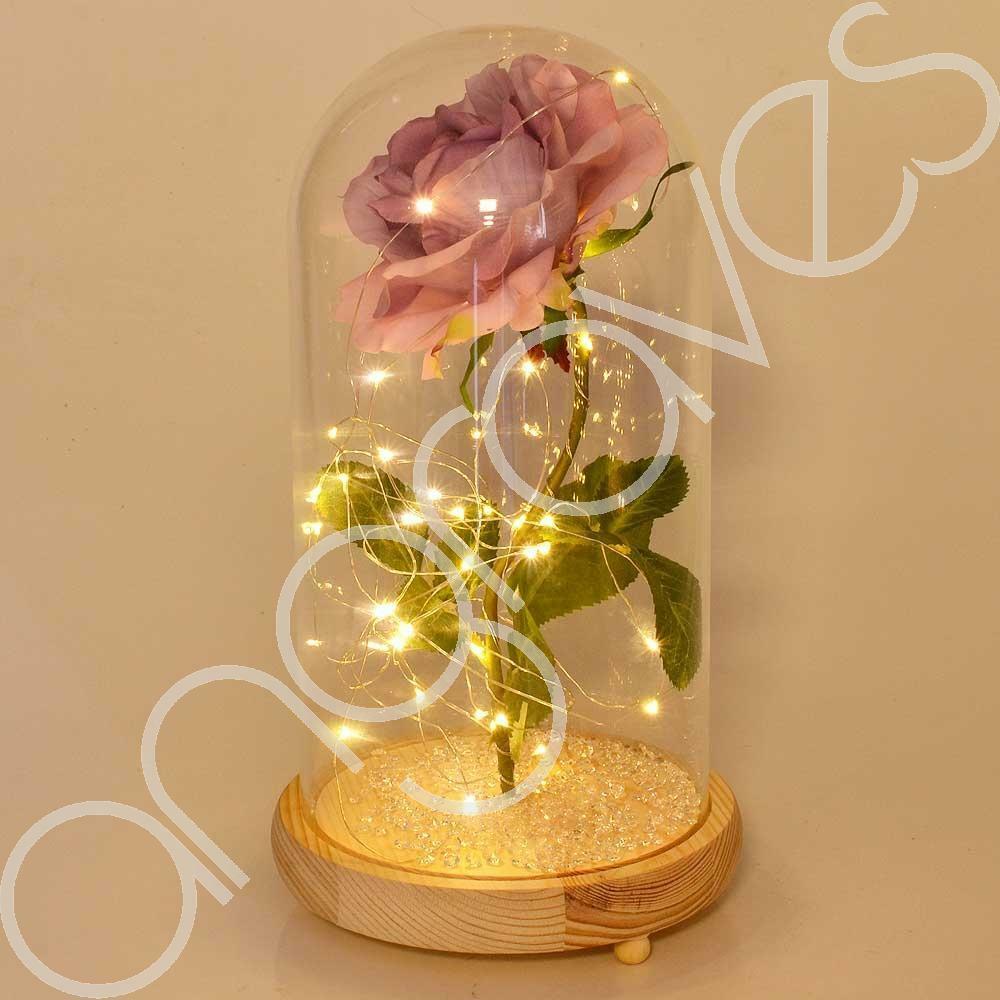 Extra Large Fairy Tale Enchanted Lavender Rose in Glass Dome Bell Jar Cloche with Magical Glow Lights (Perfect for Wedding Displays) - Angraves Memorials