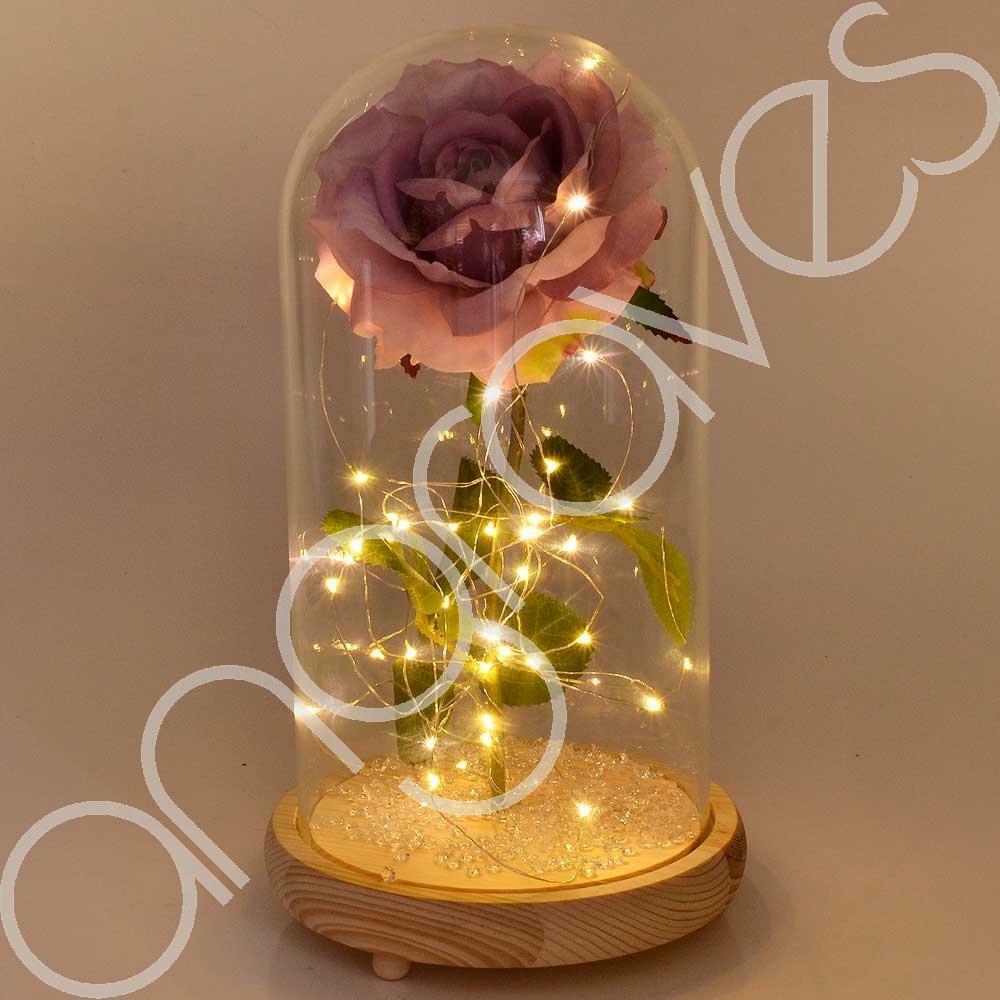 Extra Large Fairy Tale Enchanted Lavender Rose in Glass Dome Bell Jar Cloche with Magical Glow Lights (Perfect for Wedding Displays) - Angraves Memorials