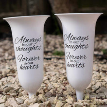 Load image into Gallery viewer, Set of 2 White Forever in Our Hearts Fluted Spiked Memorial Grave Flower Vases