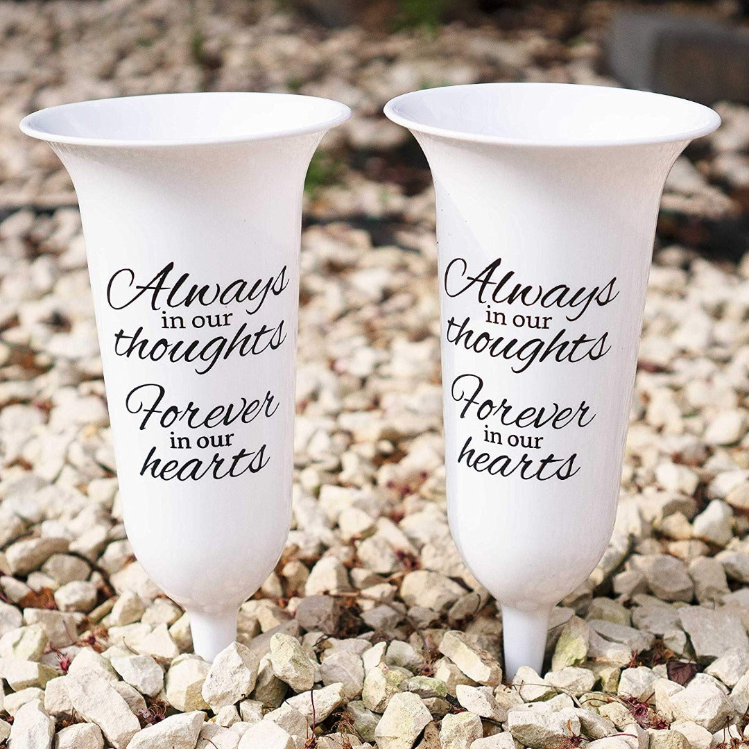 Set of 2 White Forever in Our Hearts Fluted Spiked Memorial Grave Flower Vases
