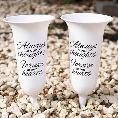 Set of 2 White Forever in Our Hearts Fluted Spiked Memorial Grave Flower Vases
