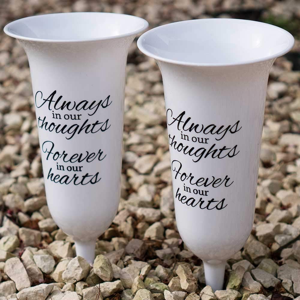 Set of 2 White Forever in Our Hearts Fluted Spiked Memorial Grave Flower Vases