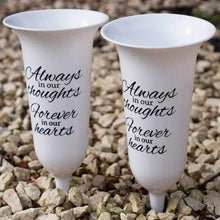 Load image into Gallery viewer, Set of 2 White Forever in Our Hearts Fluted Spiked Memorial Grave Flower Vases