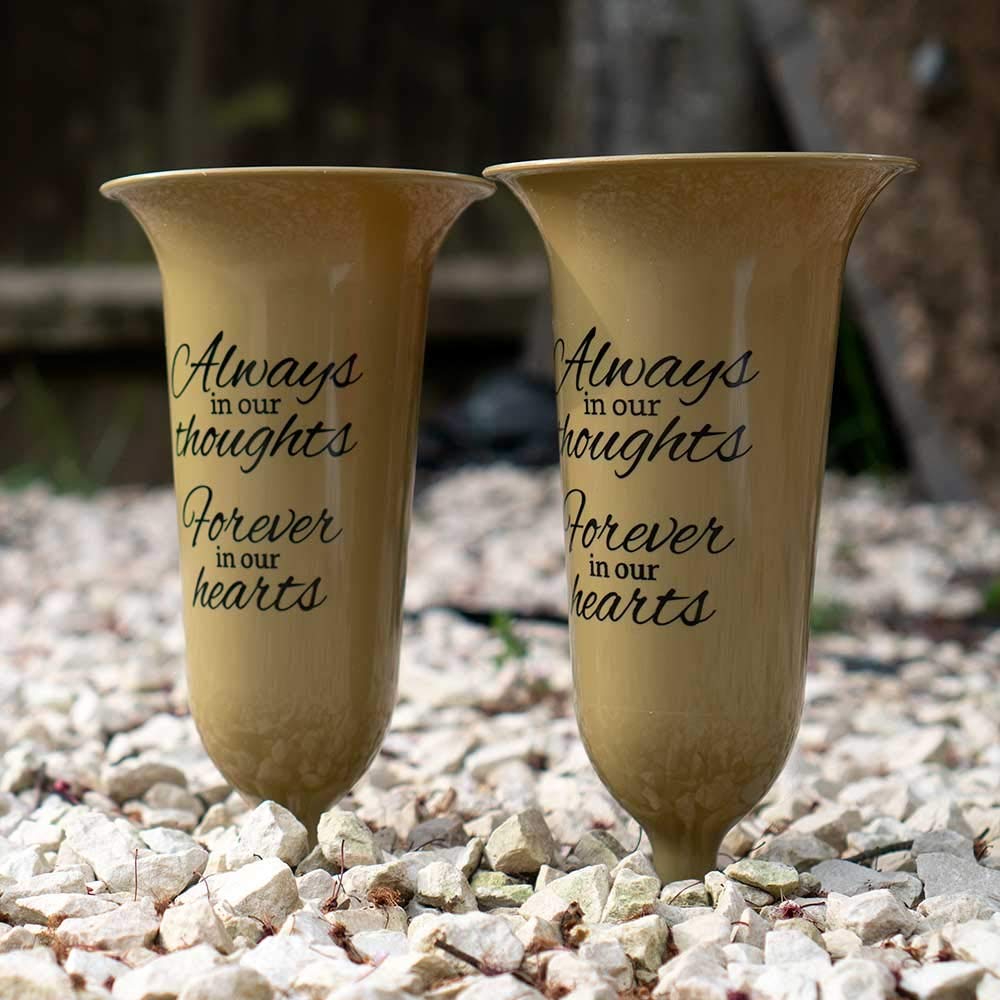 Set of 2 Gold Forever in Our Hearts Fluted Spiked Memorial Grave Flower Vases
