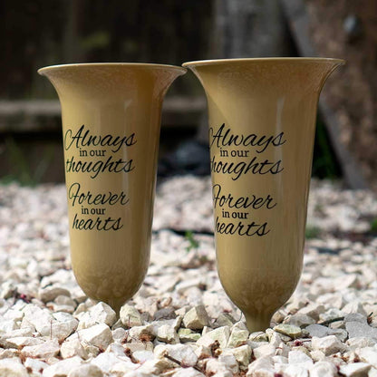 Set of 2 Gold Forever in Our Hearts Fluted Spiked Memorial Grave Flower Vases